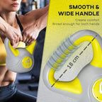 Gray 4 kg kettlebell with wide yellow handle, hand gripping the handle
