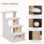White cat climbing stairs with padded platforms, sisal scratching posts, and hanging play ball