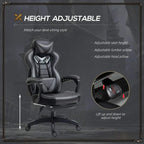 Grey gaming chair with adjustable height and supportive headrest and lumbar pillow