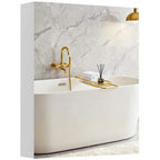 White bathroom mirror cabinet frame beside bathtub and wall trim