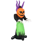 Inflatable pumpkin ghost in standing pose, purple horns, orange jack-o-lantern face