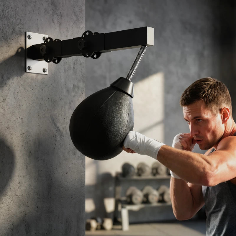 Wall-mounted speed bag with black hanging bag and coiled spring for punching