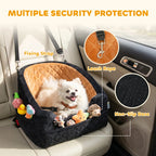 Brown and black dog car booster seat with leash rope loop and non-slip base