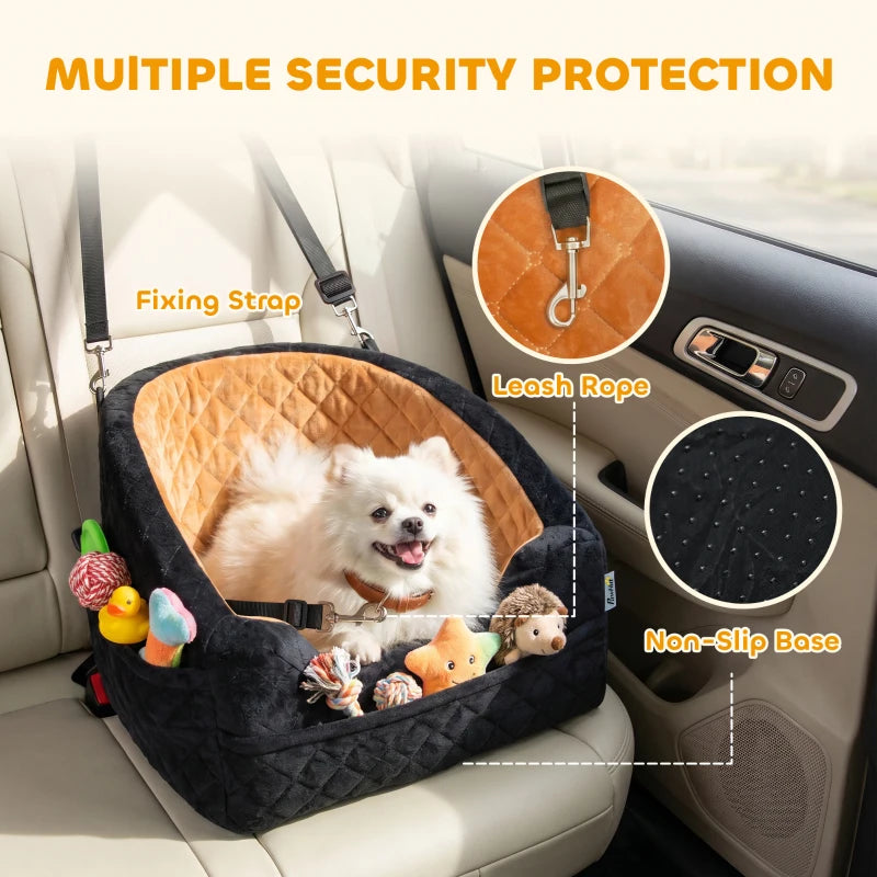 Brown and black dog car booster seat with leash rope loop and non-slip base