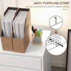 White filing cabinet with anti-tip strip feature shown near the drawers