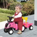 Pink ride-on tractor toddler walker with black seat, yellow handle, and seated child