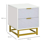 Bedside table with 2 drawers, white cabinet top, grey drawer fronts, gold metal legs