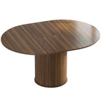 Dark walnut round extendable dining table with pedestal base and wood-grain top