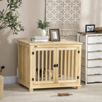Natural wood dog crate with double doors, vertical bars, and cushioned top.