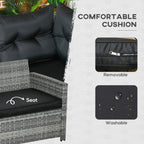 Black removable cushion on grey rattan footstool with water-resistant finish detail