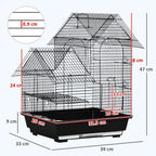 Black metal bird cage with multiple doors, swing ring and carrying handle