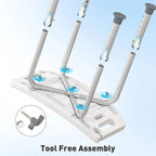 Adjustable-height shower stool with blue seat and tool-free assembly parts shown
