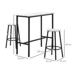 Three-piece bar table set with white tabletop and two round stools, black legs