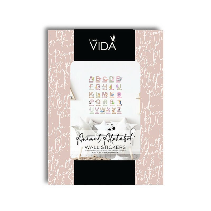 Live Vida Animal Alphabet wall sticker set packaging showing animal-letter designs