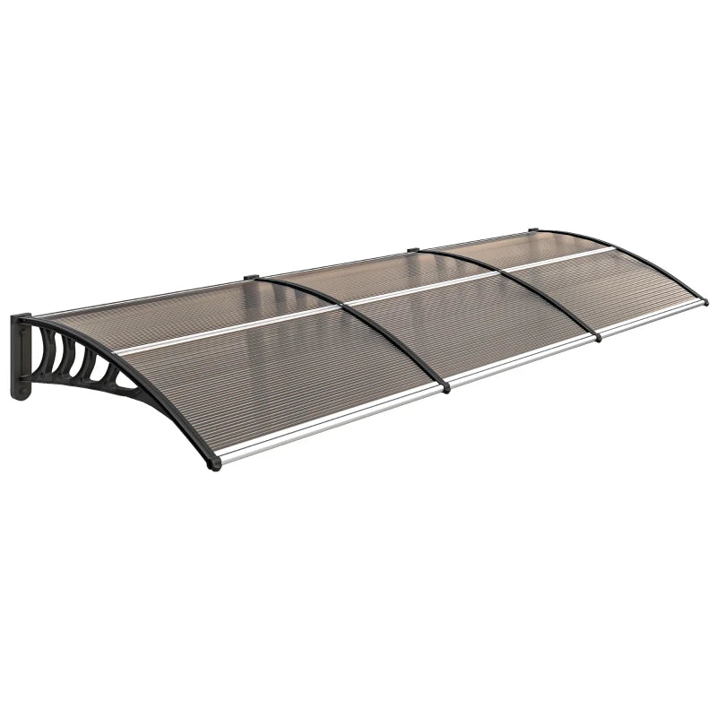 Front door canopy rain awning with brown frame and mesh panel, curved end supports