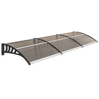 Front door canopy rain awning with brown frame and mesh panel, curved end supports