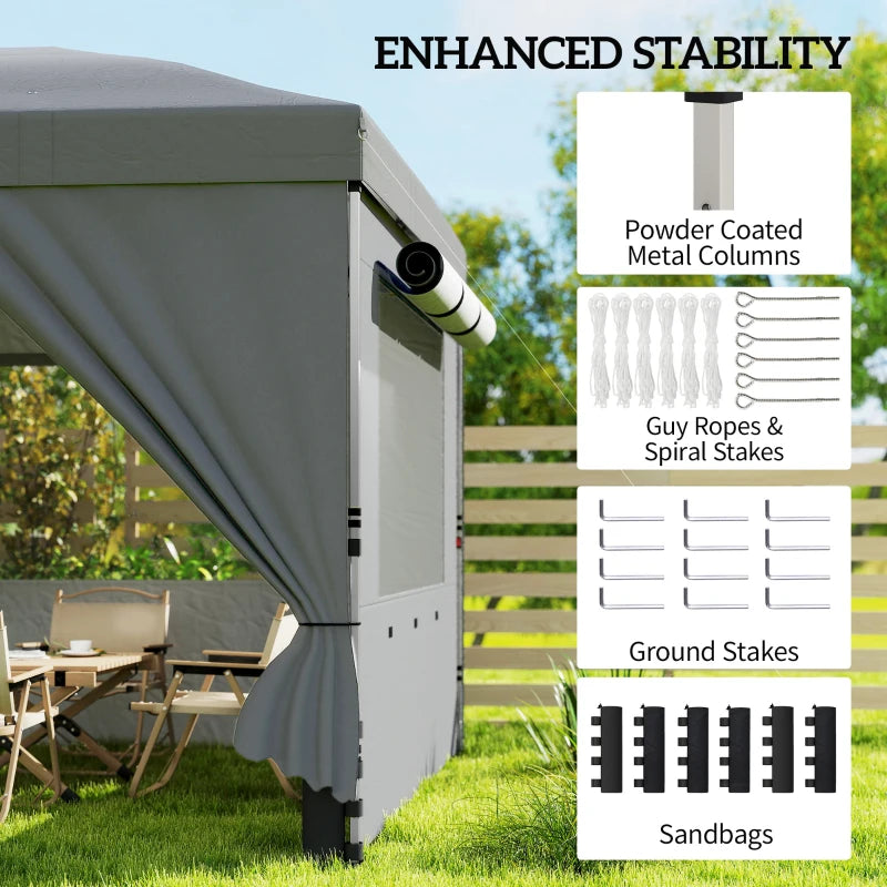 Dark grey canopy tent with sturdy corner frame and guy rope tie-down