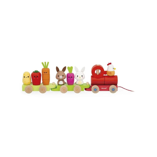 Wooden farm animal train set with red engine and colorful figure cars on wheels