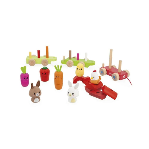 Wooden farm animal train set with stacked figure cars and red pull-along engine