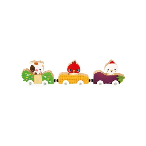 Wooden magnetic farm animal vehicles: cow, ladybug, and chicken on carts