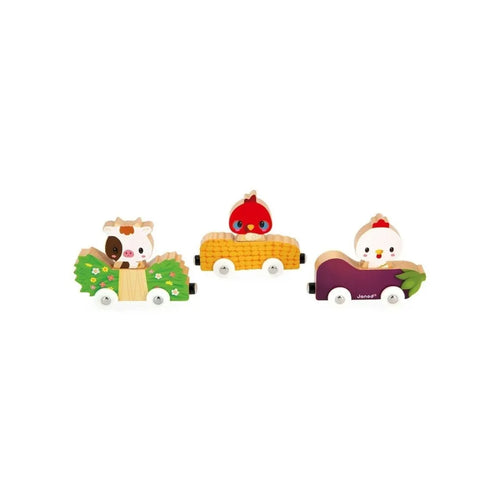 Set of three wooden magnetic animal carts featuring cow, ladybug, and chicken