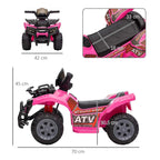 Pink kids electric ride-on quad bike with size dimensions shown