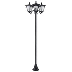 Black Victorian-style solar post lantern with multi-panel lantern head on tall pole