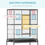 Black bird cage with multiple entry doors and large front door; wire grid front view