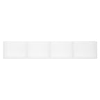 White wall-mounted media storage shelf face with four empty cubby compartments