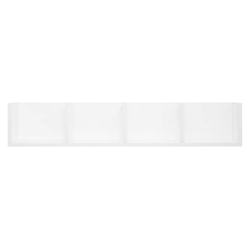 White wall-mounted media storage shelf face with four empty cubby compartments