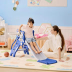 Blue bear-themed baby slide climber with basketball hoop, toddler playing indoors