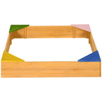 Kids wooden sand pit with four colored corner seats and pink fabric cover