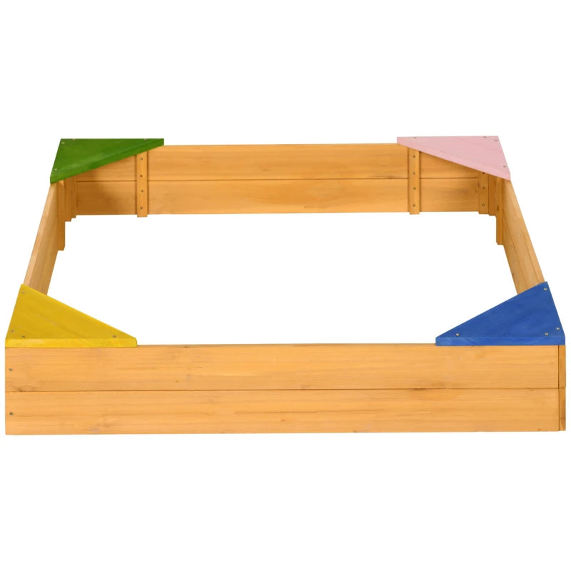 Kids wooden sand pit with four colored corner seats and pink fabric cover