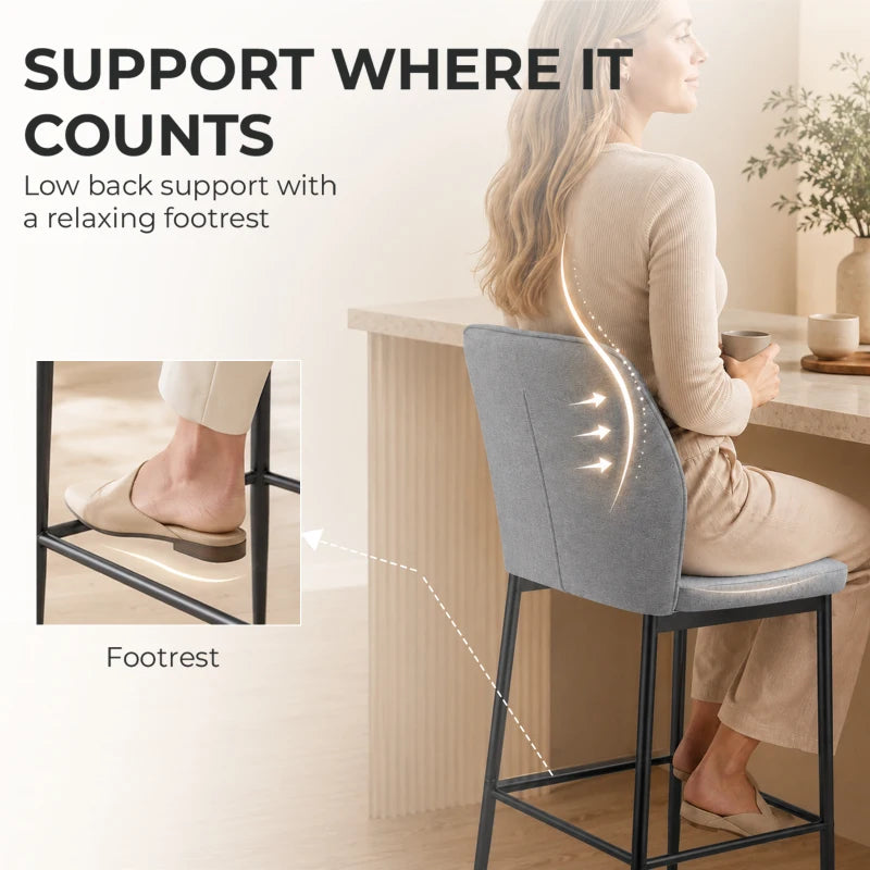 Grey velvet bar stool with curved backrest and footrest, black metal base