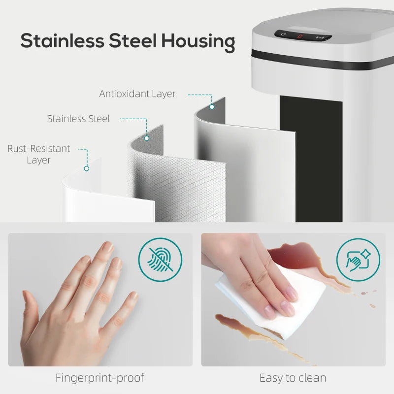 White sensor trash bin with stainless-steel housing and fingerprint-resistant surface