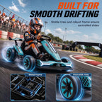 Light blue electric kids go-kart with rider seated, side view on race track.