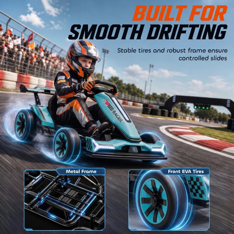 Light blue electric kids go-kart with rider seated, side view on race track.