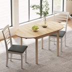 Natural wood drop-leaf dining table with one leaf extended, set for meals with chairs