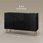 Black high-gloss sideboard with geometric panels and gold hairpin legs