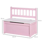 Pink wooden toy box bench with safety rail backrest and open-lid design