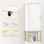 White bathroom tallboy cabinet with open interior shelf and gold steel stand