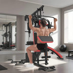 Black multi gym bench press station with red backrest and overhead arms for cable work