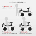 White 3-in-1 kids ride-on car showing push and sliding modes, black seat