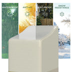 Beige and tan fitted chair cover presented as waterproof, UV-resistant, dustproof, and snow-resistant.