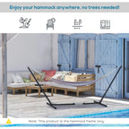 Black metal hammock stand frame for patio use, with curved end supports and base.