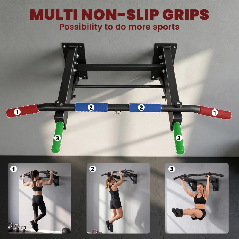 Wall-mounted pull-up bar with multi-grip handles featuring red, blue, and green pads