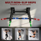 Wall-mounted pull-up bar with multi-grip handles featuring red, blue, and green pads