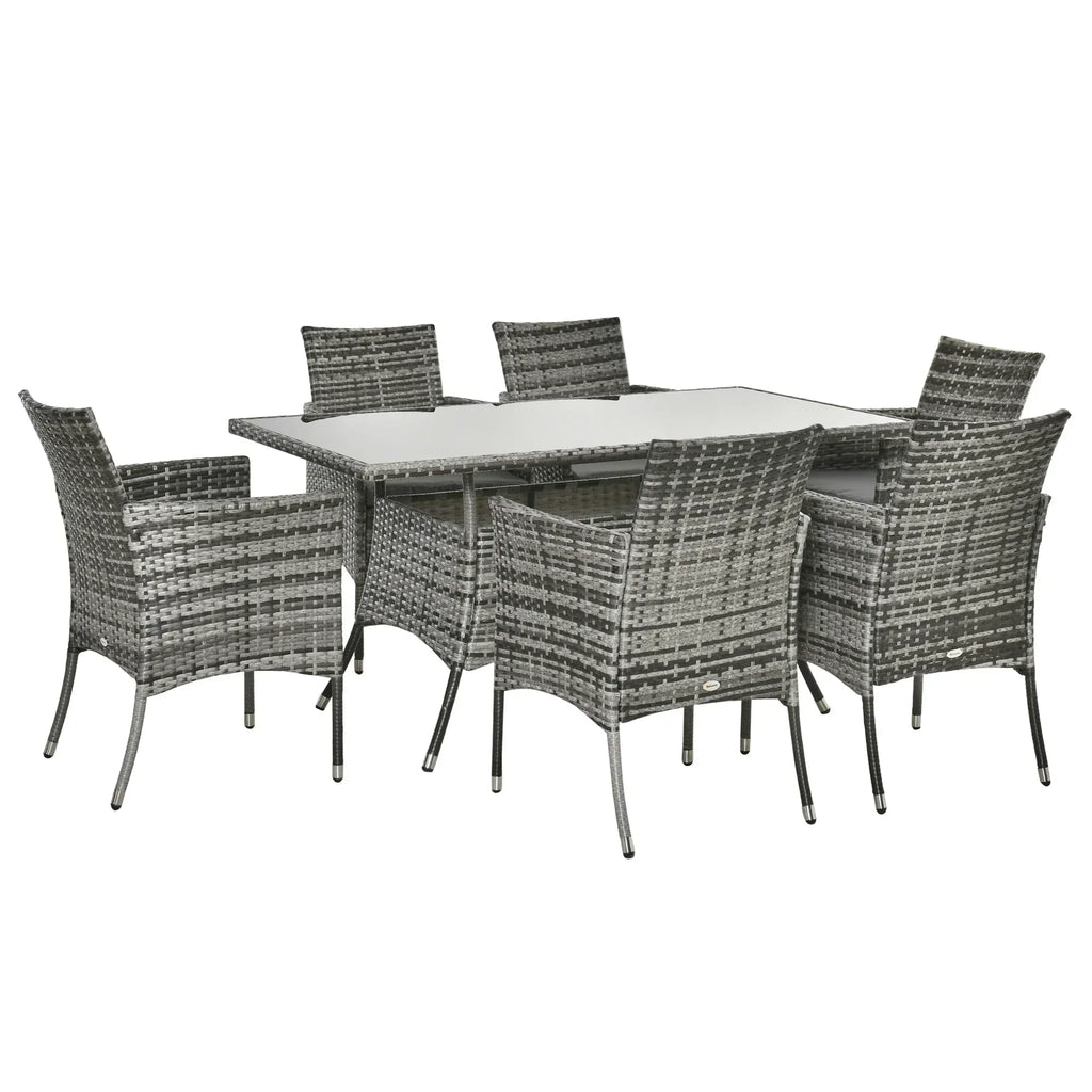7-Piece Rattan Garden Furniture Set with Cushions, 6 Seater Garden Table and Chairs, Rattan Dining Set with 6 Armchairs, Rectangular Glass Top Table, Grey - Bobobiy