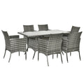 7-Piece Rattan Garden Furniture Set with Cushions, 6 Seater Garden Table and Chairs, Rattan Dining Set with 6 Armchairs, Rectangular Glass Top Table, Grey - Bobobiy