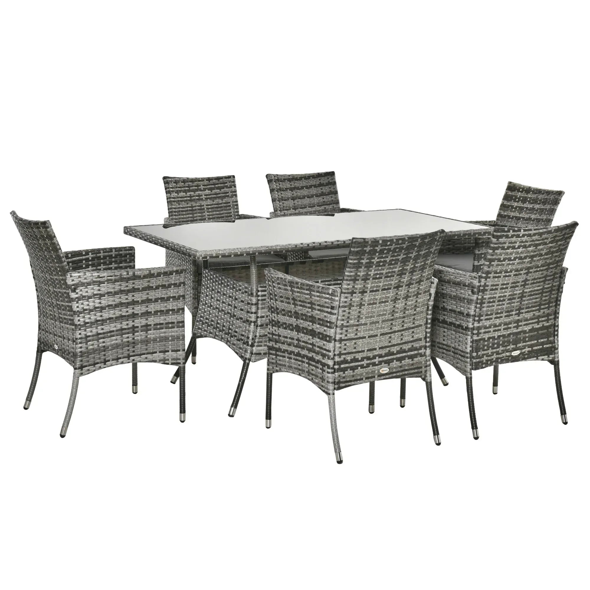7-Piece Rattan Garden Furniture Set with Cushions, 6 Seater Garden Table and Chairs, Rattan Dining Set with 6 Armchairs, Rectangular Glass Top Table, Grey - Bobobiy